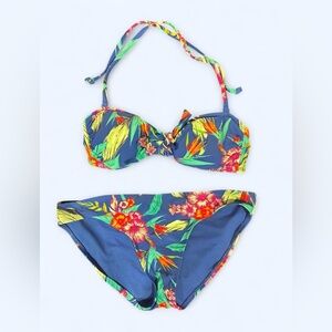 Old Navy Blue Floral Bandeau Bikini Size M/L Tropical Swim Bathing Suit Beach